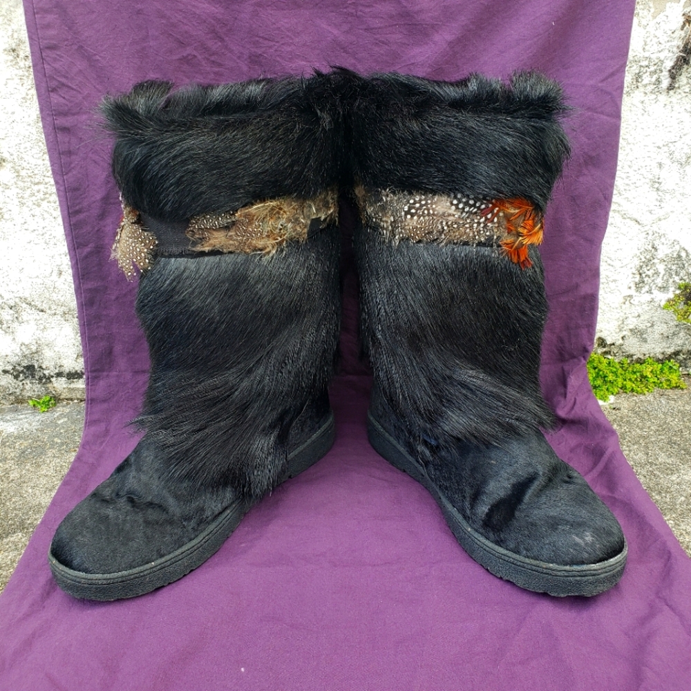 Bearpaw Kola Women's Goat Fur Sheepskin Mid-Calf Snow Boots Black Size 9